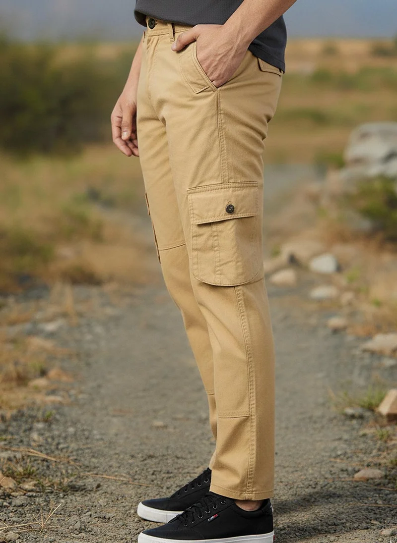 Urbano Fashion Men's Beige Regular Fit Solid Cargo Chino Pant with 6 Pockets